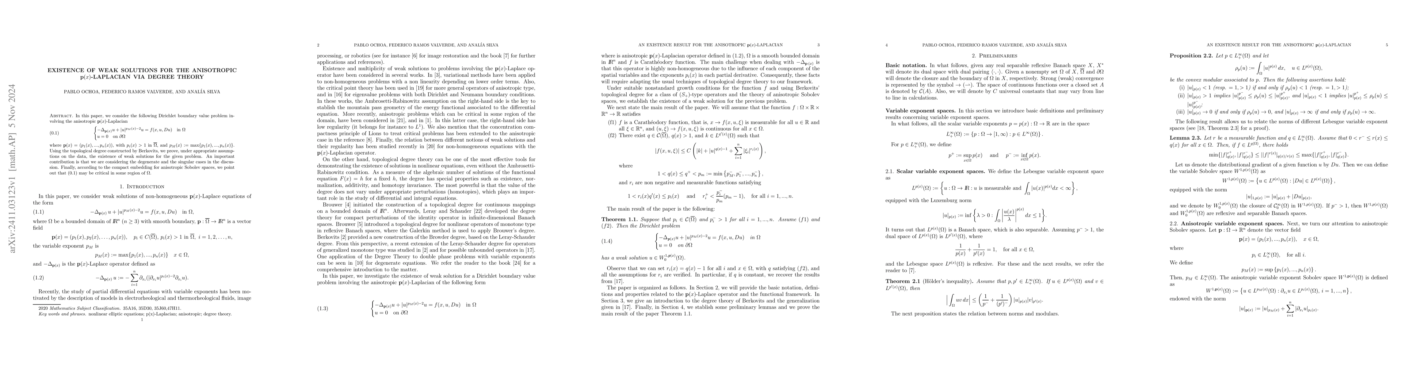 Thumbnail for Existence of weak solutions for the anisotropic $p(x)$-Laplacian via
  degree theory
