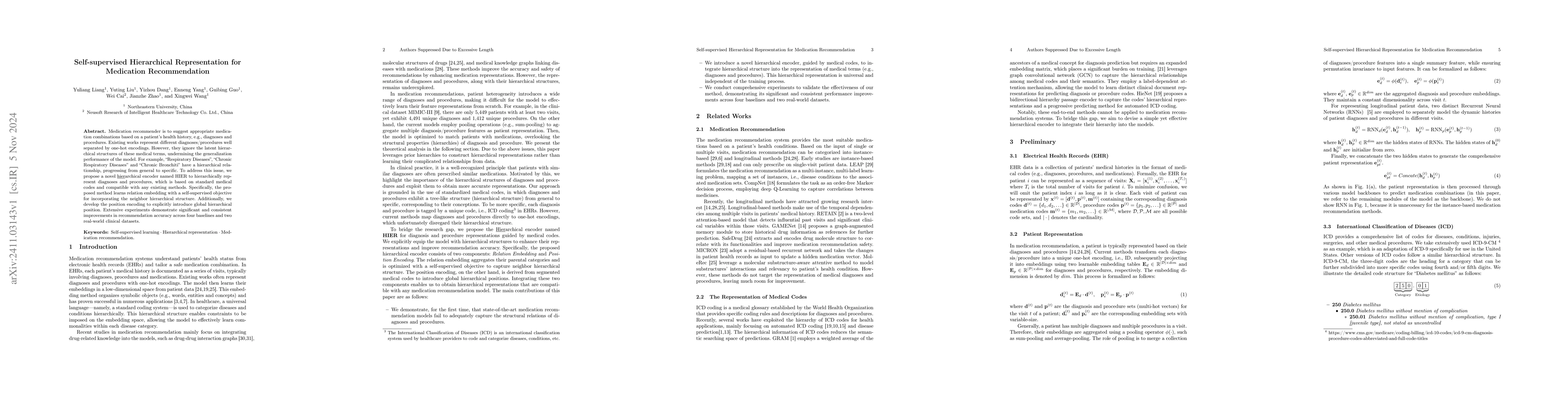Thumbnail for Self-supervised Hierarchical Representation for Medication
  Recommendation