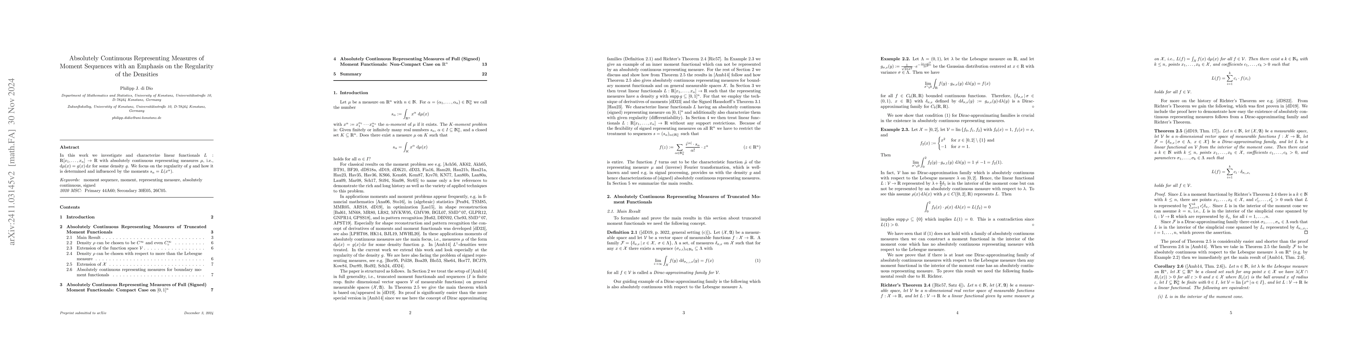 Thumbnail for Absolutely Continuous Representing Measures of Moment Sequences with an
  Emphasis on the Regularity of the Densities