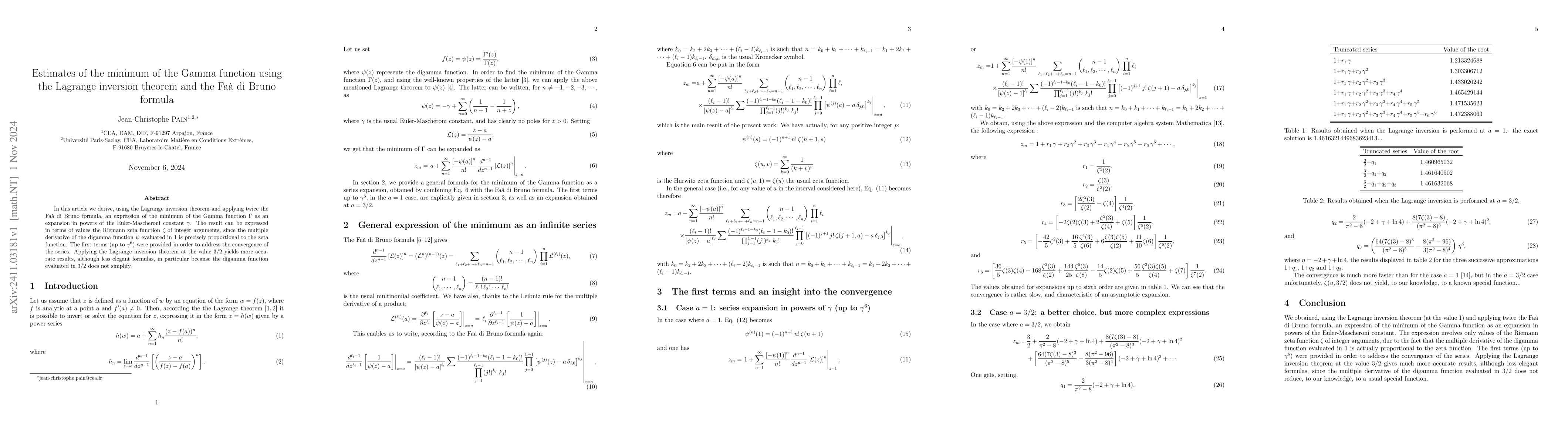 Thumbnail for Estimates of the minimum of the Gamma function using the Lagrange
  inversion theorem and the Faà di Bruno formula