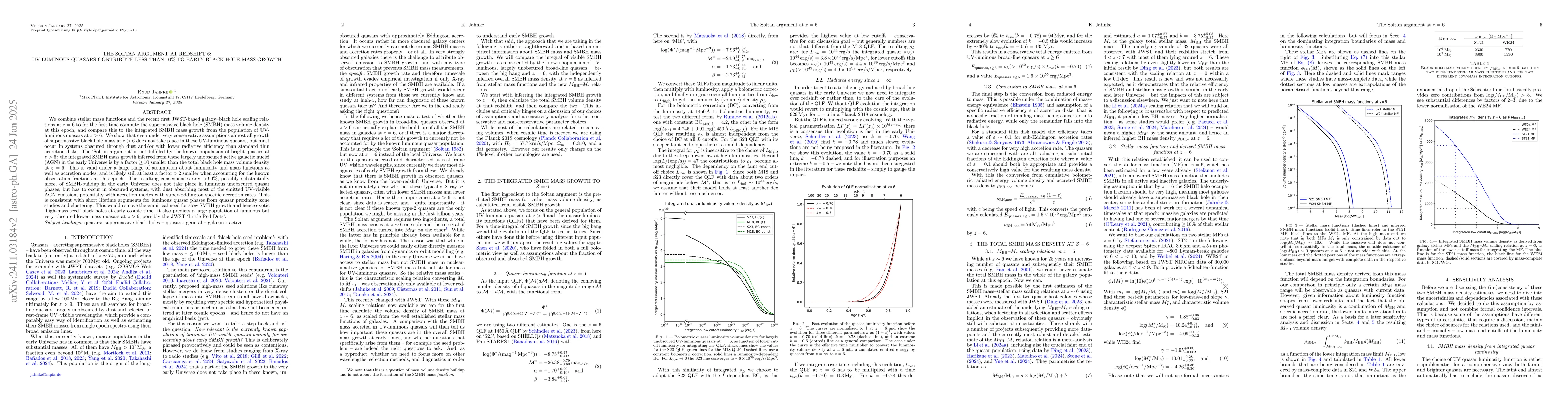 Thumbnail for The Soltan argument at $z=6$: UV-luminous quasars contribute less than
  10% to early black hole mass growth