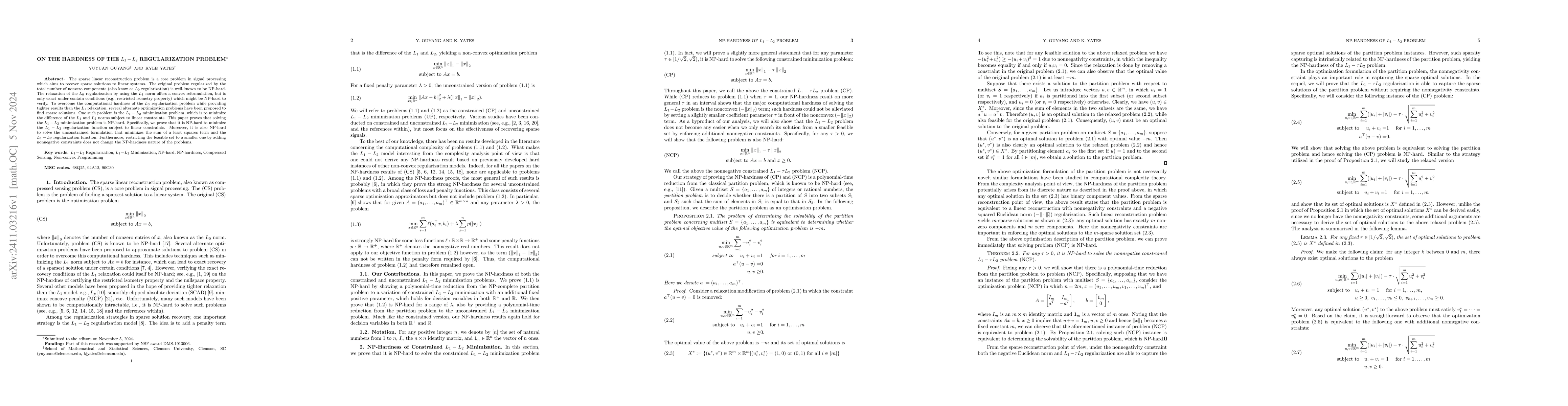 Thumbnail for On the Hardness of the $L_1-L_2$ Regularization Problem