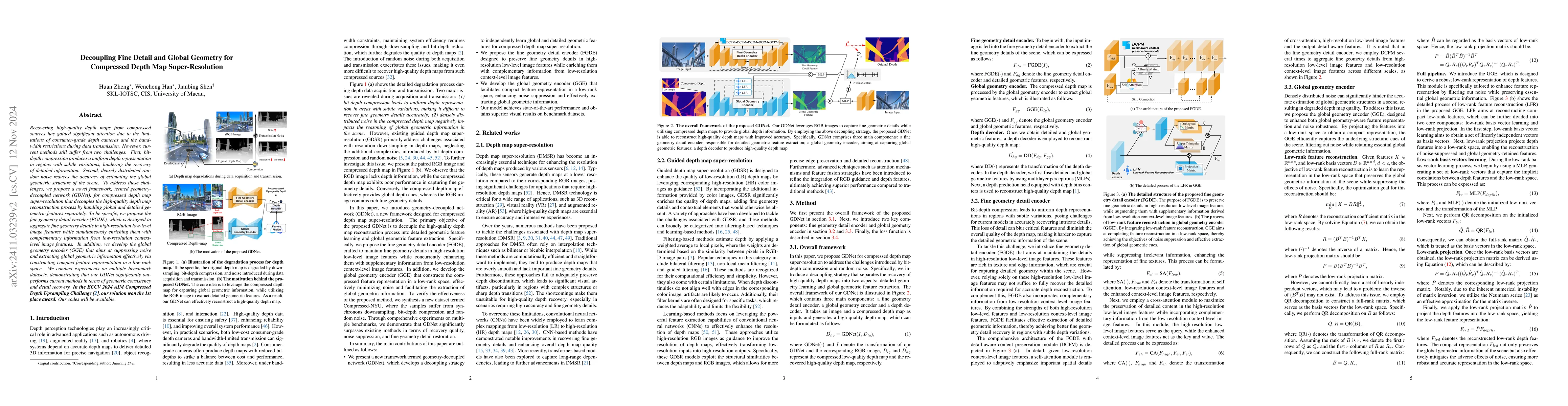 Thumbnail for Decoupling Fine Detail and Global Geometry for Compressed Depth Map
  Super-Resolution