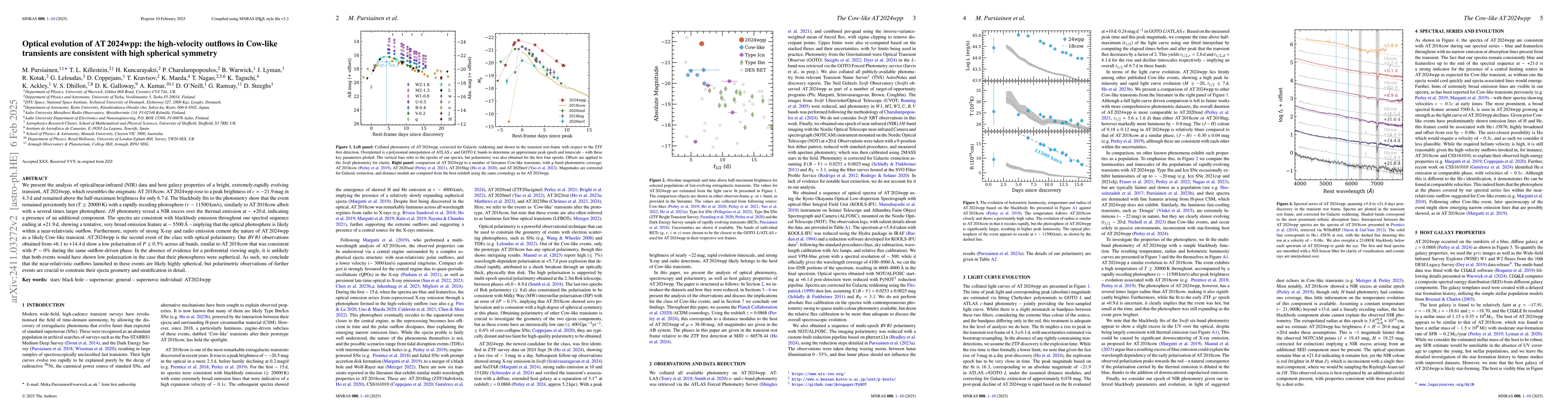 Thumbnail for Optical evolution of AT 2024wpp: the high-velocity outflows in Cow-like
  transients are consistent with high spherical symmetry