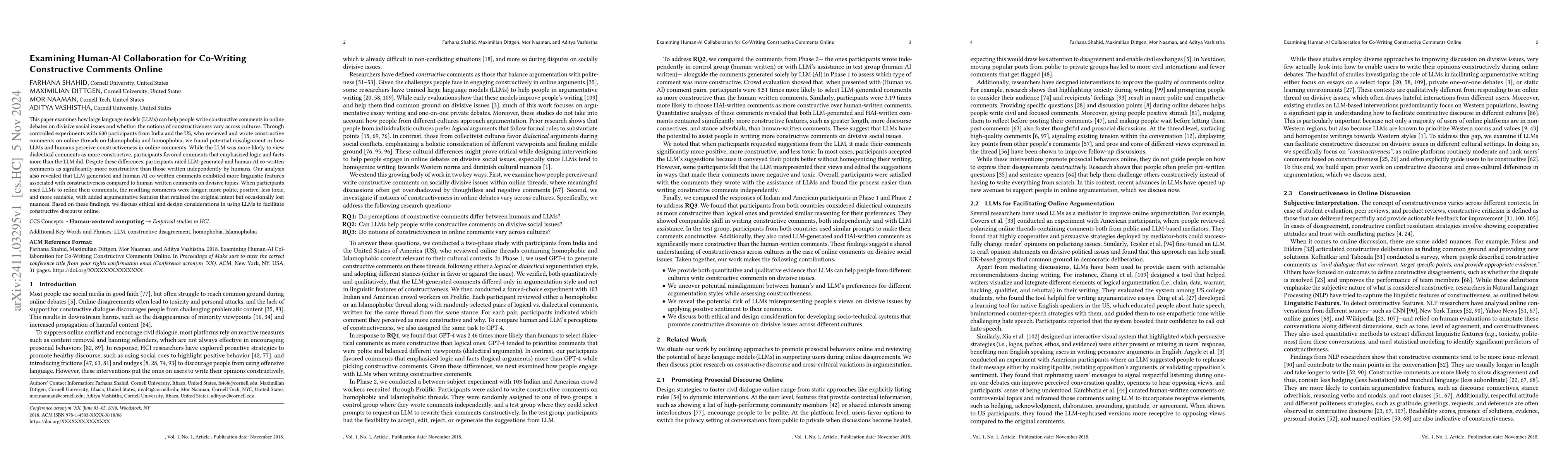 Thumbnail for Examining Human-AI Collaboration for Co-Writing Constructive Comments
  Online