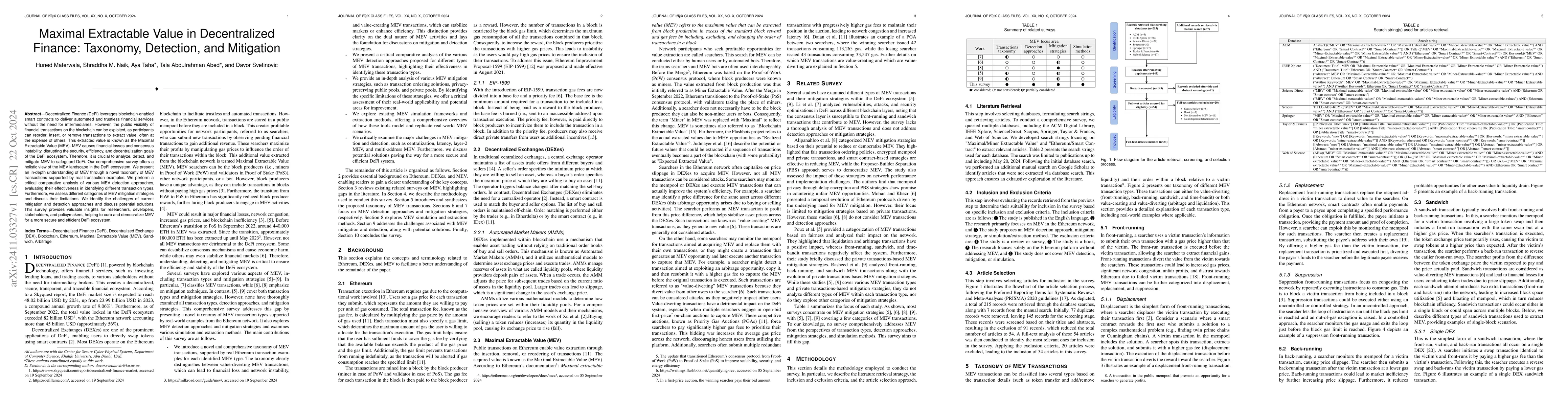 Thumbnail for Maximal Extractable Value in Decentralized Finance: Taxonomy, Detection,
  and Mitigation