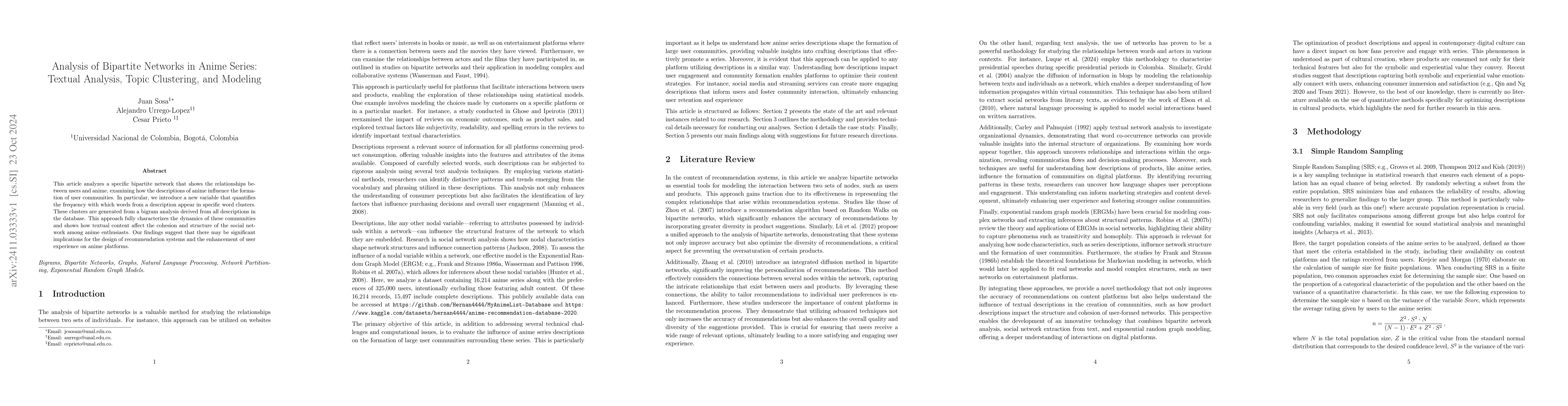 Thumbnail for Analysis of Bipartite Networks in Anime Series: Textual Analysis, Topic
  Clustering, and Modeling