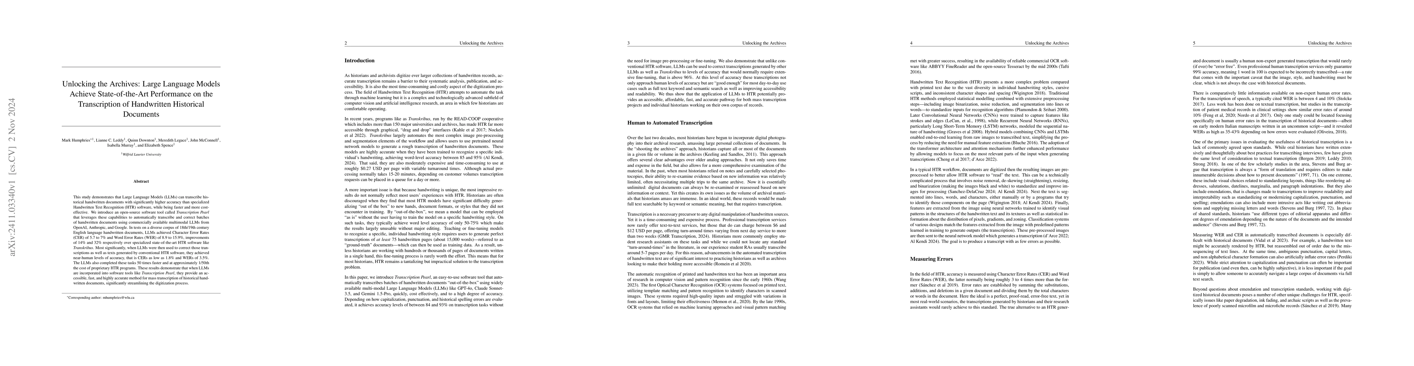 Thumbnail for Unlocking the Archives: Using Large Language Models to Transcribe
  Handwritten Historical Documents
