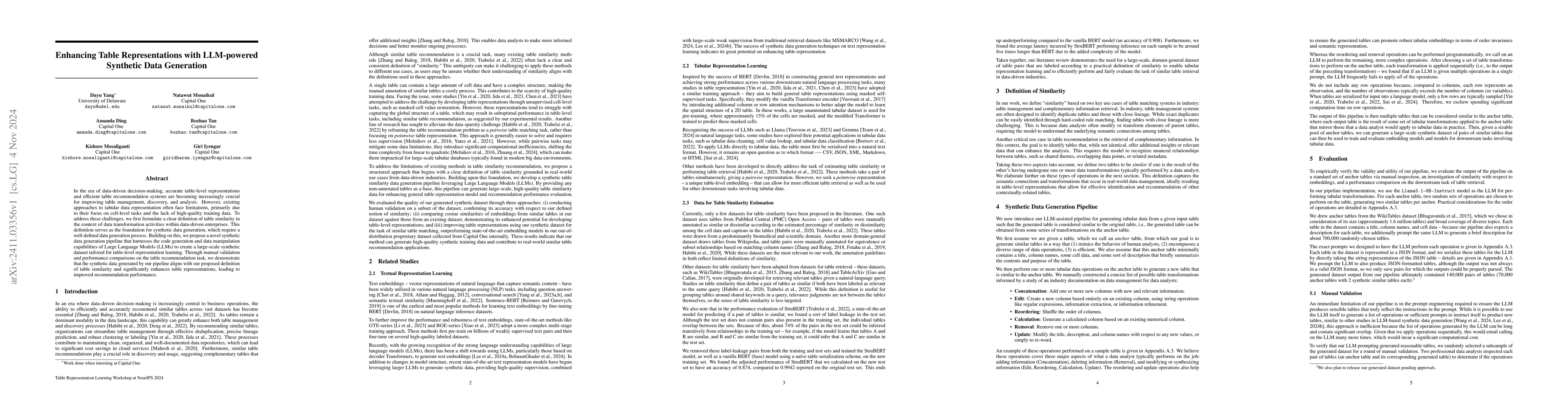 Thumbnail for Enhancing Table Representations with LLM-powered Synthetic Data
  Generation