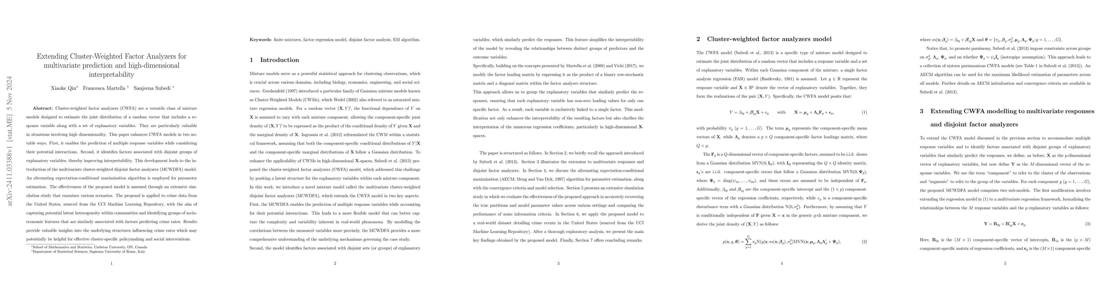 Thumbnail for Extending Cluster-Weighted Factor Analyzers for multivariate prediction
  and high-dimensional interpretability