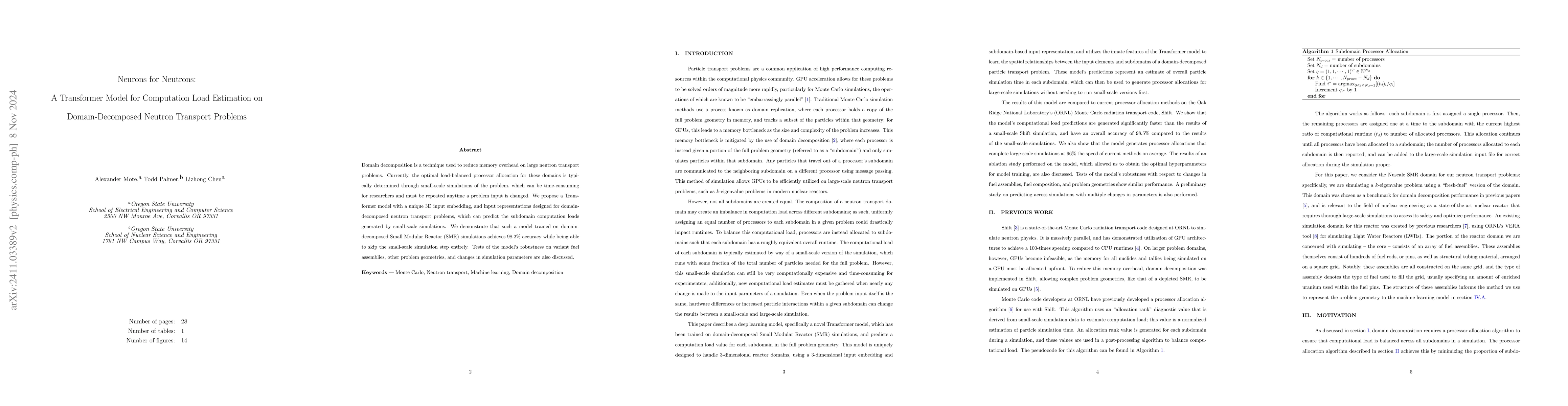 Thumbnail for Neurons for Neutrons: A Transformer Model for Computation Load
  Estimation on Domain-Decomposed Neutron Transport Problems