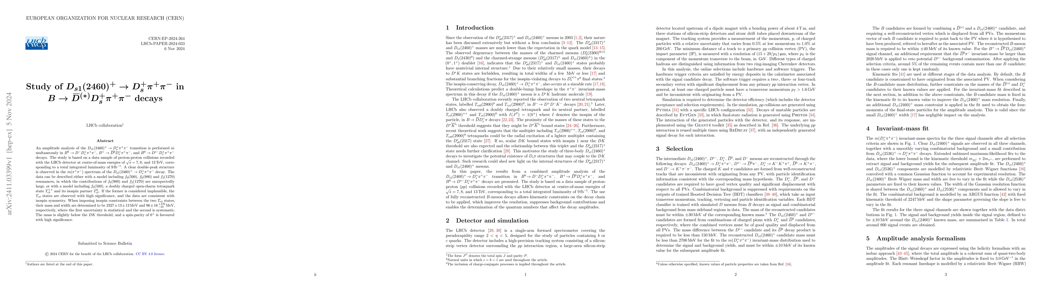 Thumbnail for Study of $D_{s1}(2460)^{+}\to D_{s}^{+}π^{+}π^{-}$ in $B\to
  {\bar{D}}^{(*)}D_{s}^{+}π^{+}π^{-}$ decays