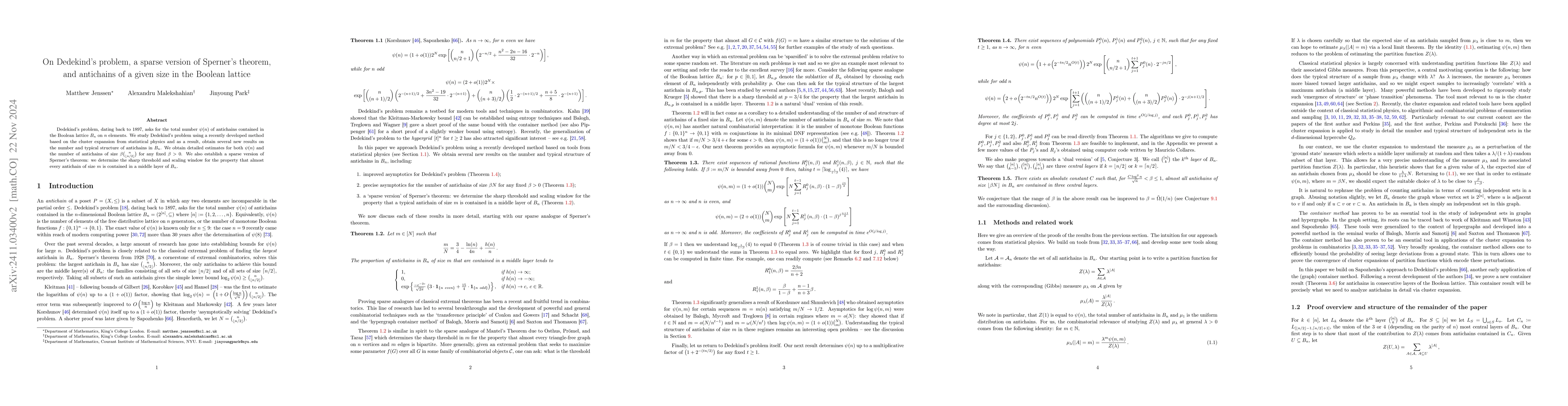 Thumbnail for On Dedekind's problem, a sparse version of Sperner's theorem, and
  antichains of a given size in the Boolean lattice