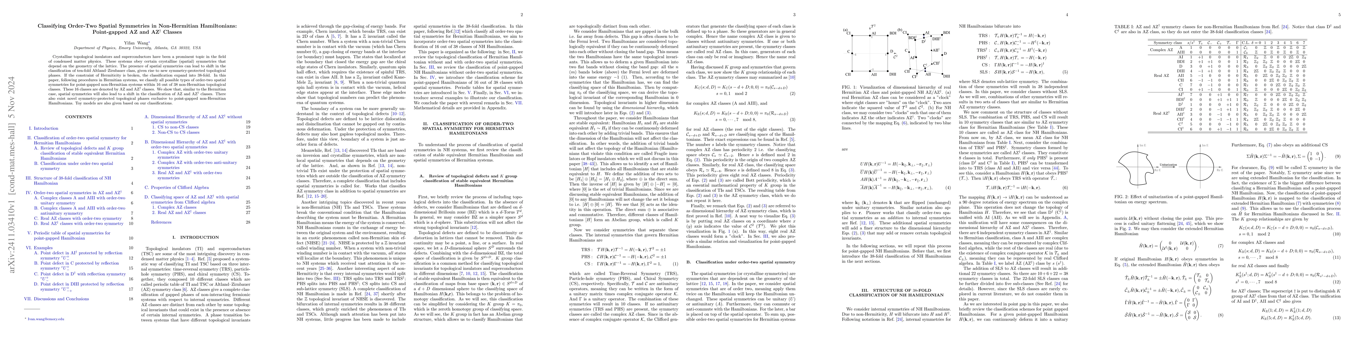 Thumbnail for Classifying Order-Two Spatial Symmetries in Non-Hermitian Hamiltonians:
  Point-gapped AZ and AZ$^†$ Classes