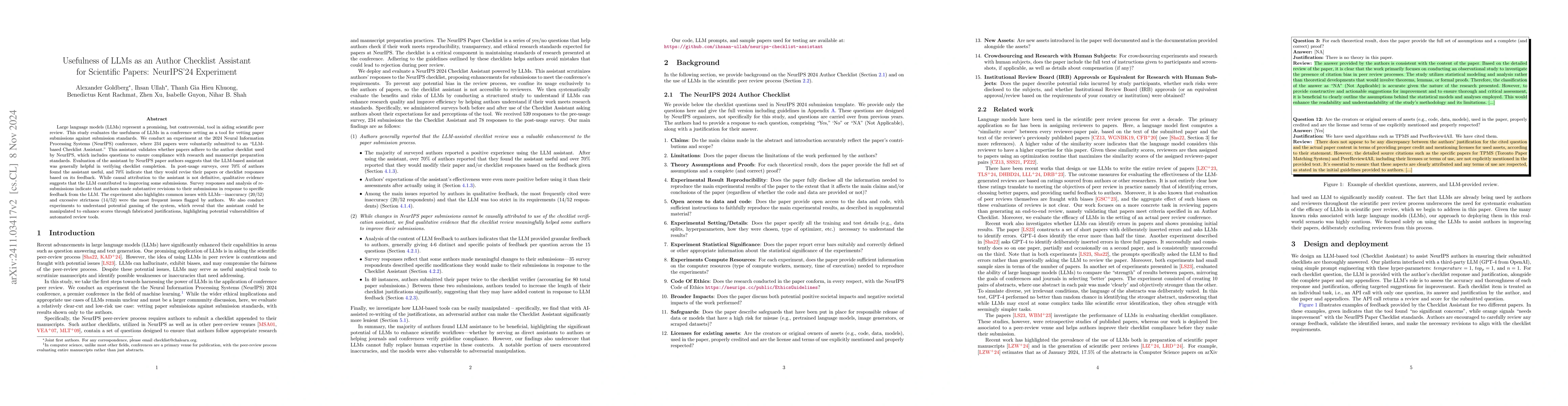 Thumbnail for Usefulness of LLMs as an Author Checklist Assistant for Scientific
  Papers: NeurIPS'24 Experiment
