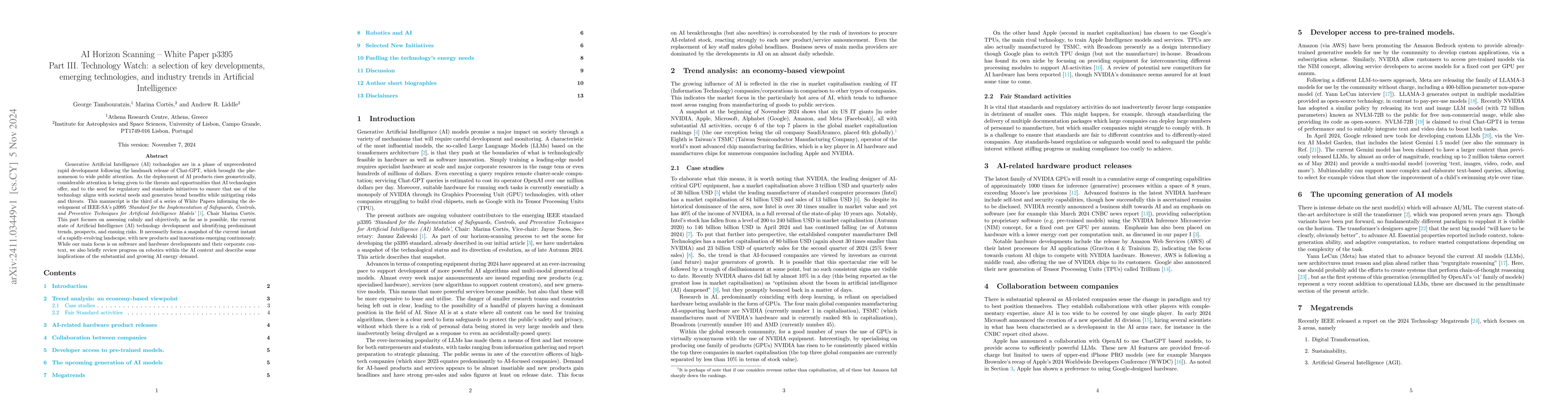Thumbnail for AI Horizon Scanning -- White Paper p3395, IEEE-SA. Part III: Technology
  Watch: a selection of key developments, emerging technologies, and industry
  trends in Artificial Intelligence