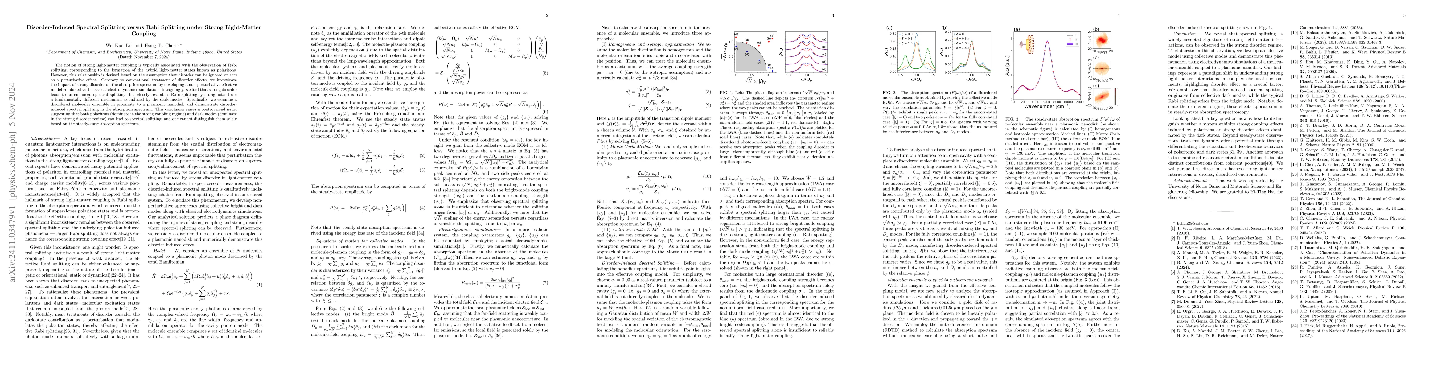 Thumbnail for Disorder-Induced Spectral Splitting versus Rabi Splitting under Strong
  Light-Matter Coupling