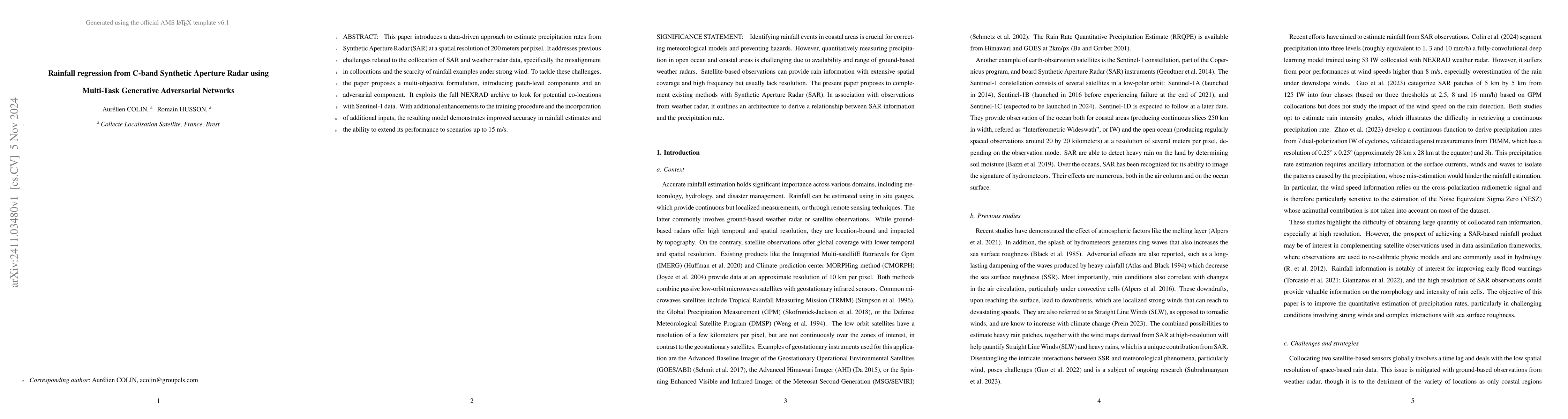 Thumbnail for Rainfall regression from C-band Synthetic Aperture Radar using
  Multi-Task Generative Adversarial Networks