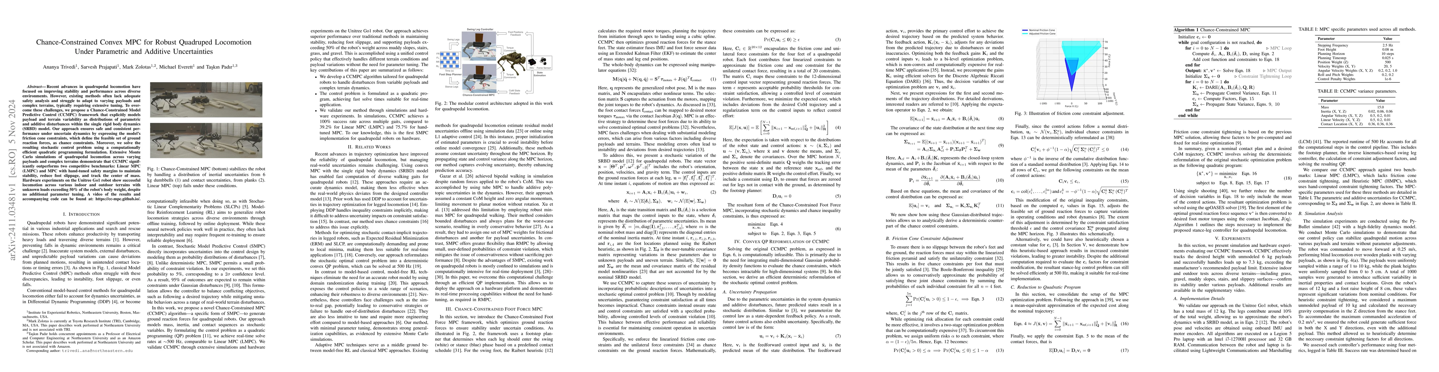 Thumbnail for Chance-Constrained Convex MPC for Robust Quadruped Locomotion Under
  Parametric and Additive Uncertainties