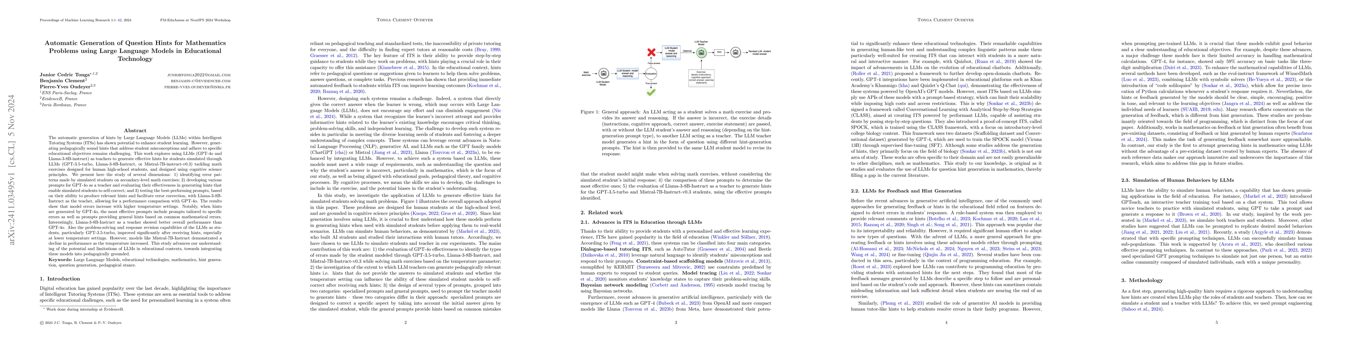 Thumbnail for Automatic Generation of Question Hints for Mathematics Problems using
  Large Language Models in Educational Technology