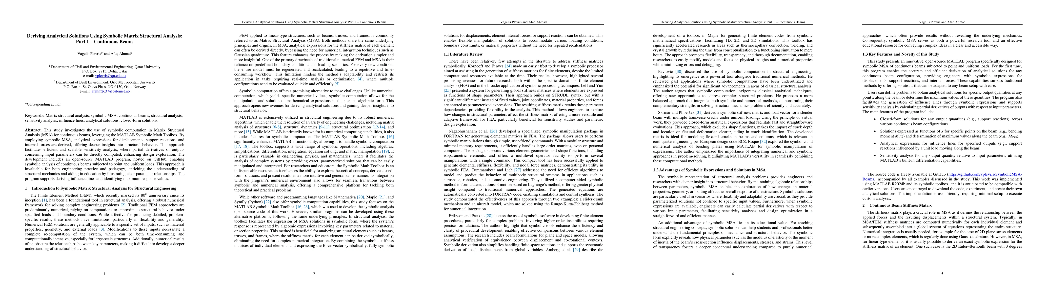Thumbnail for Deriving Analytical Solutions Using Symbolic Matrix Structural Analysis:
  Part 1 -- Continuous Beams
