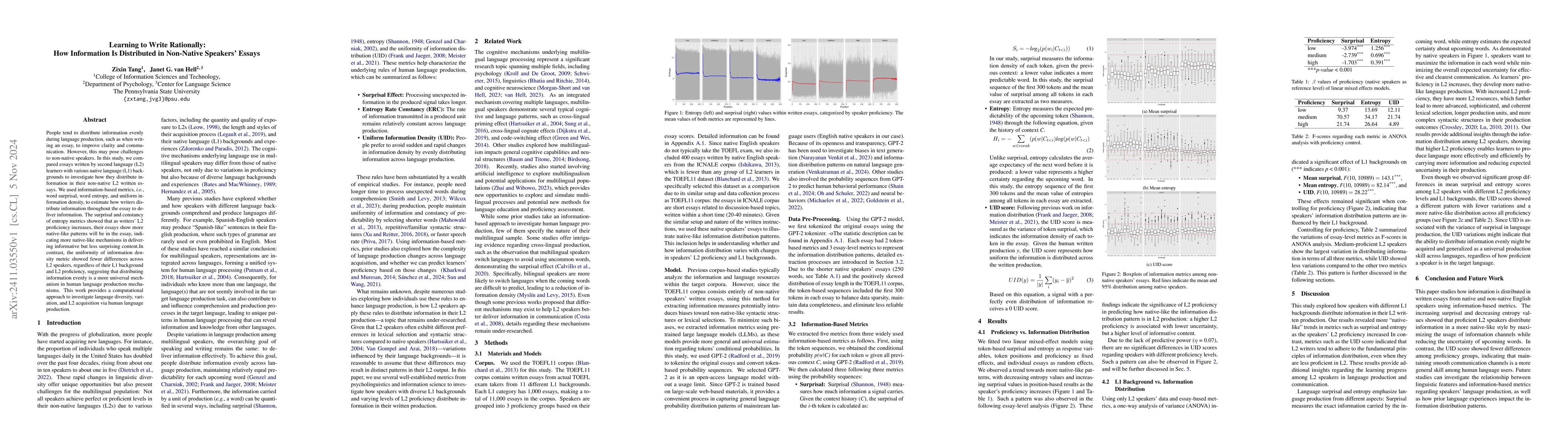 Thumbnail for Learning to Write Rationally: How Information Is Distributed in
  Non-Native Speakers' Essays