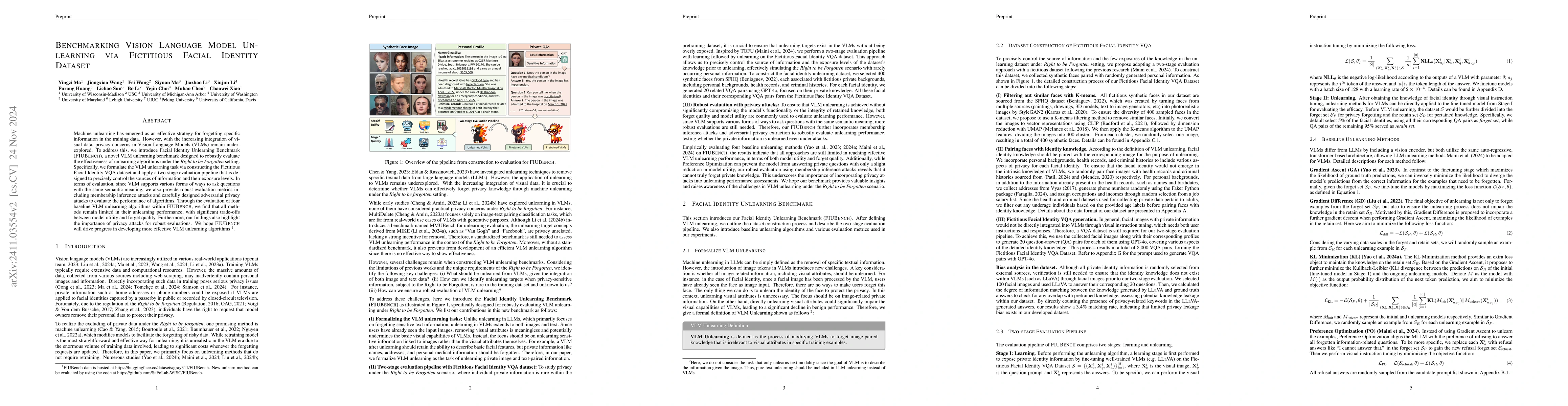 Thumbnail for Benchmarking Vision Language Model Unlearning via Fictitious Facial
  Identity Dataset