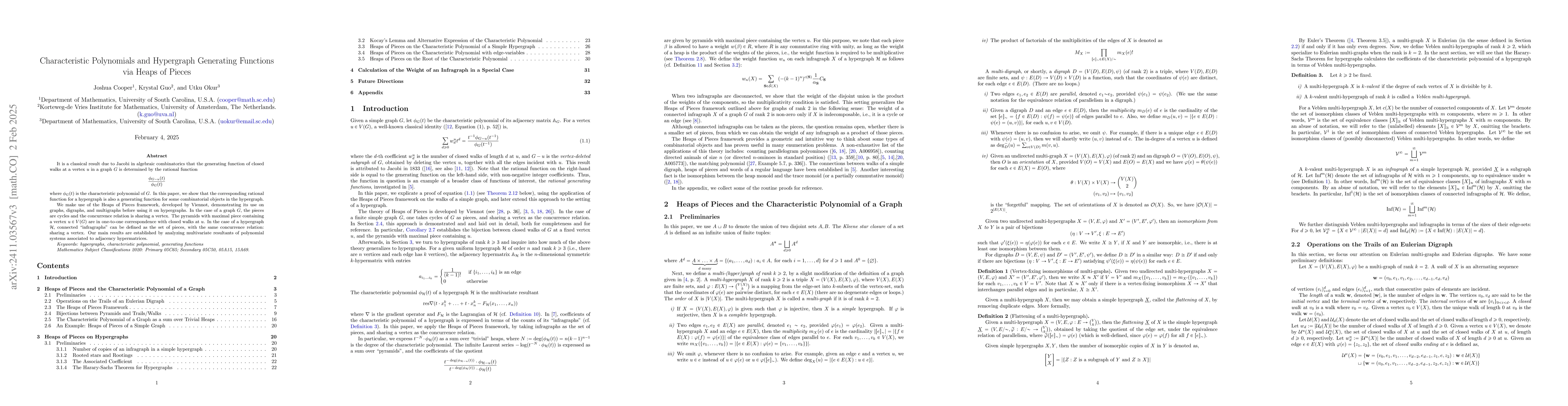 Thumbnail for Characteristic Polynomials and Hypergraph Generating Functions via Heaps
  of Pieces