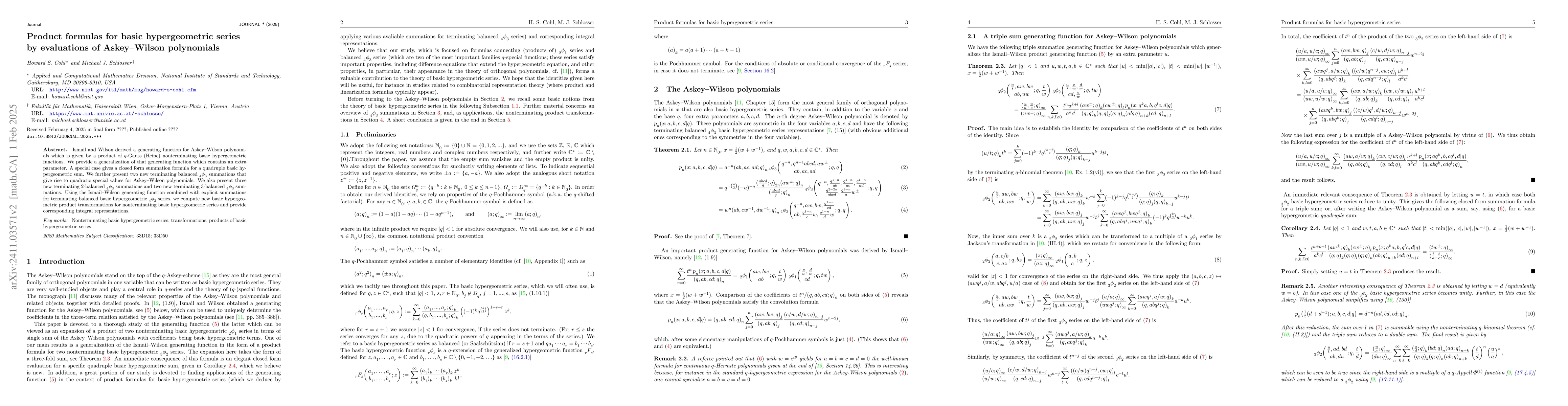 Thumbnail for Product formulas for basic hypergeometric series by evaluations of
  Askey--Wilson polynomials