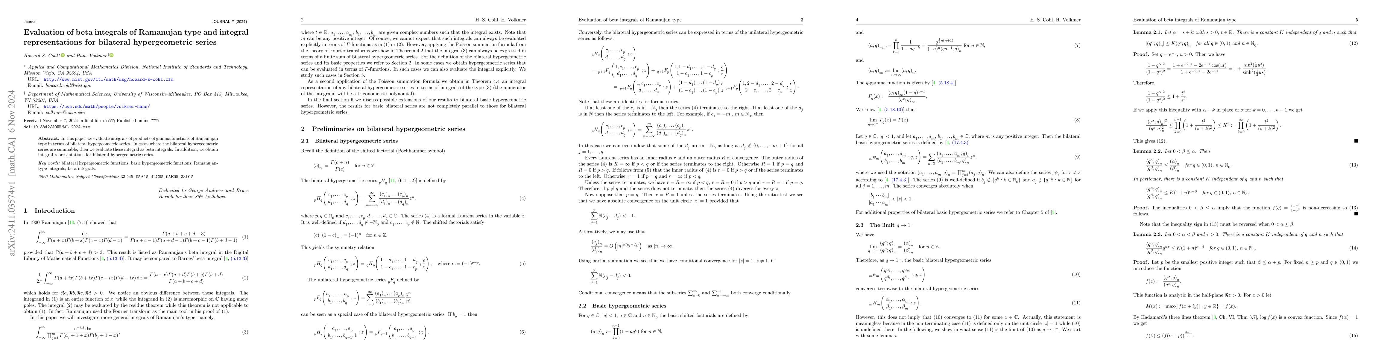Thumbnail for Evaluation of beta integrals of Ramanujan type and integral
  representations for bilateral hypergeometric series