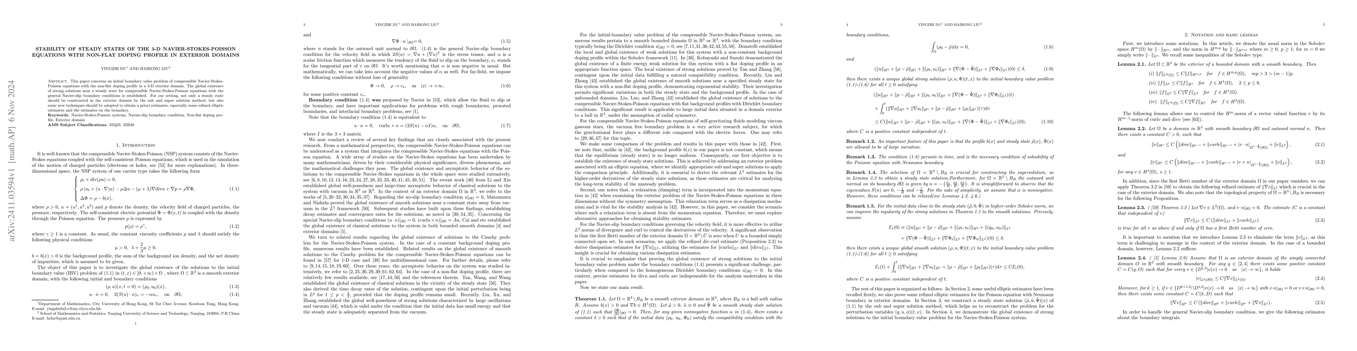 Thumbnail for Stability of steady states of the 3-D Navier-Stokes-Poisson equations
  with non-flat doping profile in exterior domains