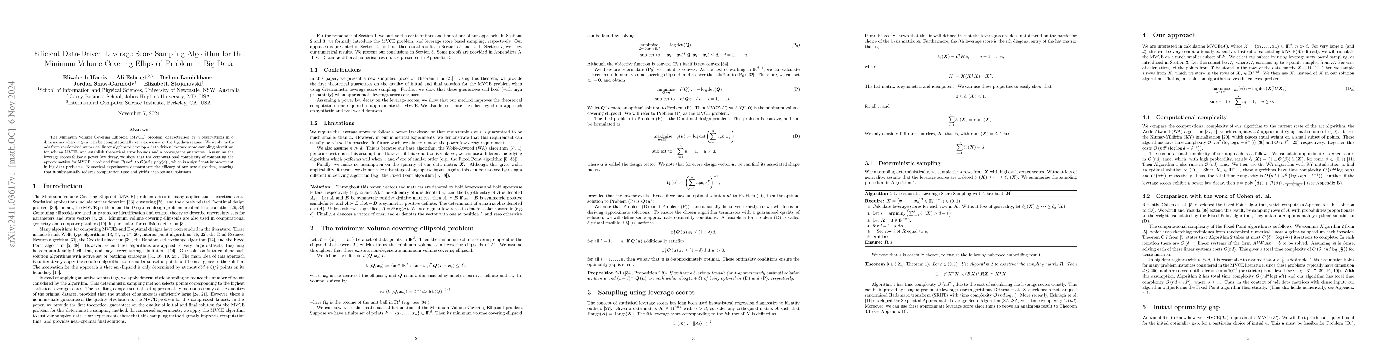 Thumbnail for Efficient Data-Driven Leverage Score Sampling Algorithm for the Minimum
  Volume Covering Ellipsoid Problem in Big Data