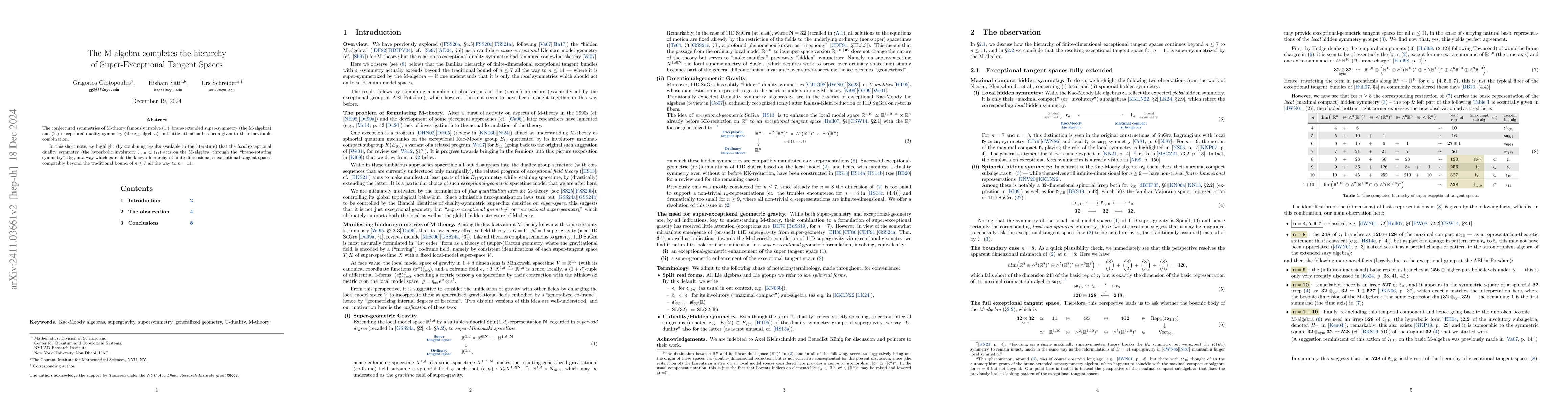Thumbnail for The M-algebra completes the hierarchy of Super-Exceptional Tangent
  Spaces
