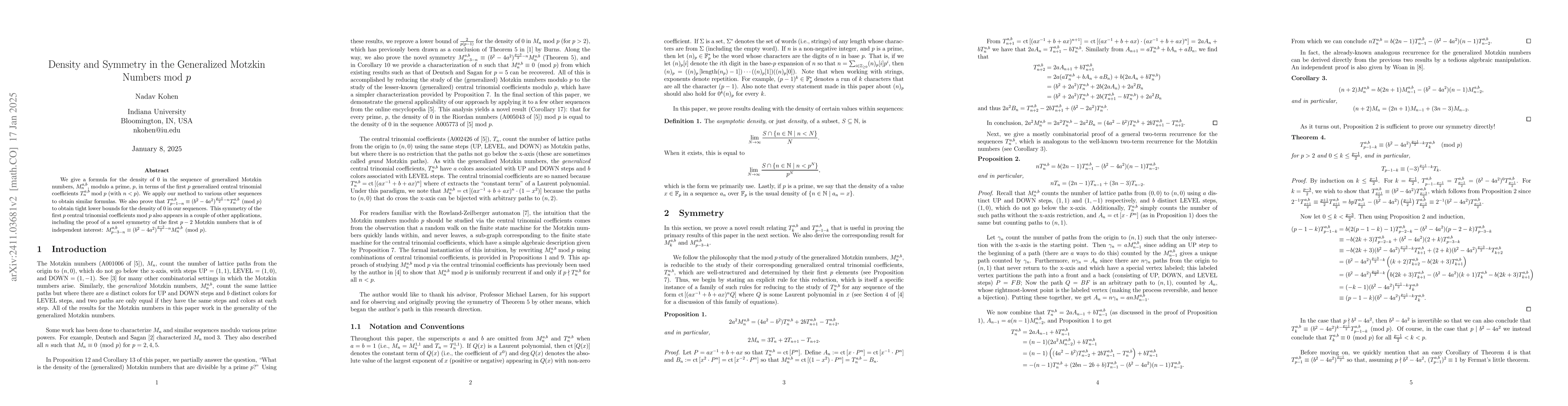 Thumbnail for Density and Symmetry in the Generalized Motzkin Numbers mod $p$