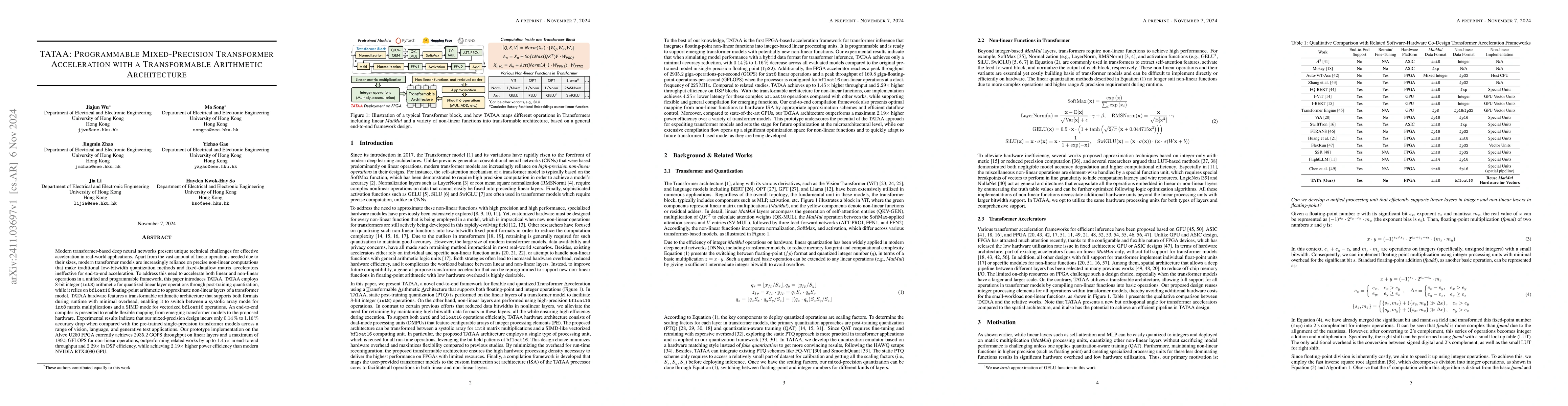 Thumbnail for TATAA: Programmable Mixed-Precision Transformer Acceleration with a
  Transformable Arithmetic Architecture