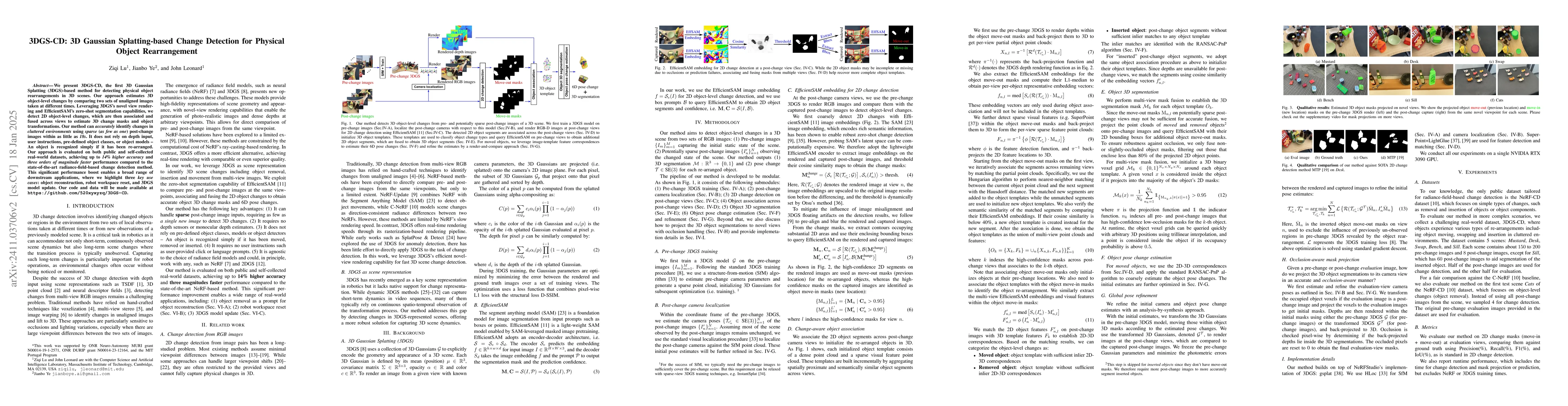Thumbnail for 3DGS-CD: 3D Gaussian Splatting-based Change Detection for Physical
  Object Rearrangement