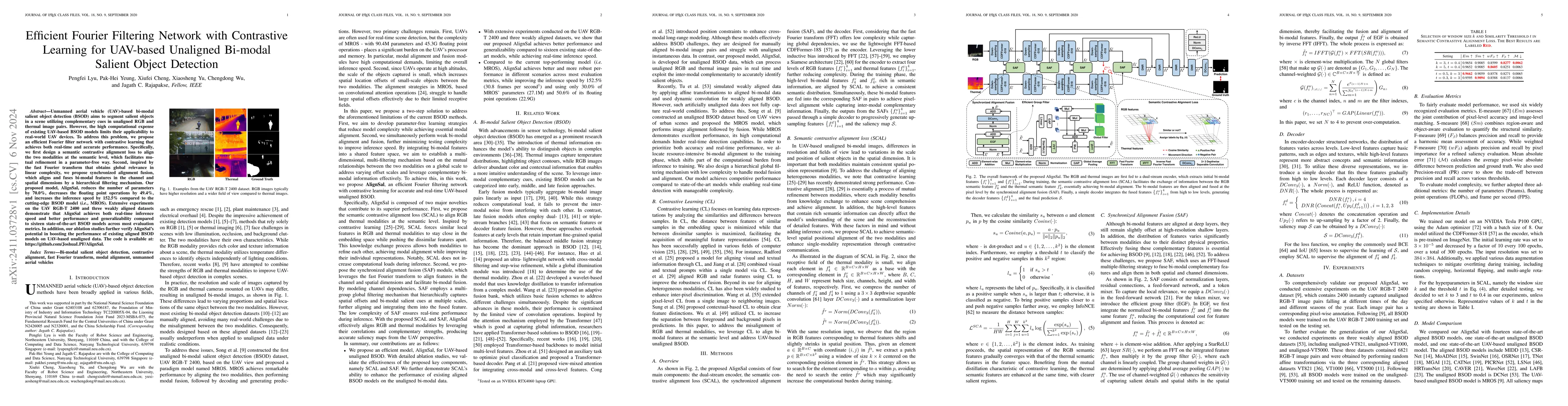 Thumbnail for Efficient Fourier Filtering Network with Contrastive Learning for
  UAV-based Unaligned Bi-modal Salient Object Detection