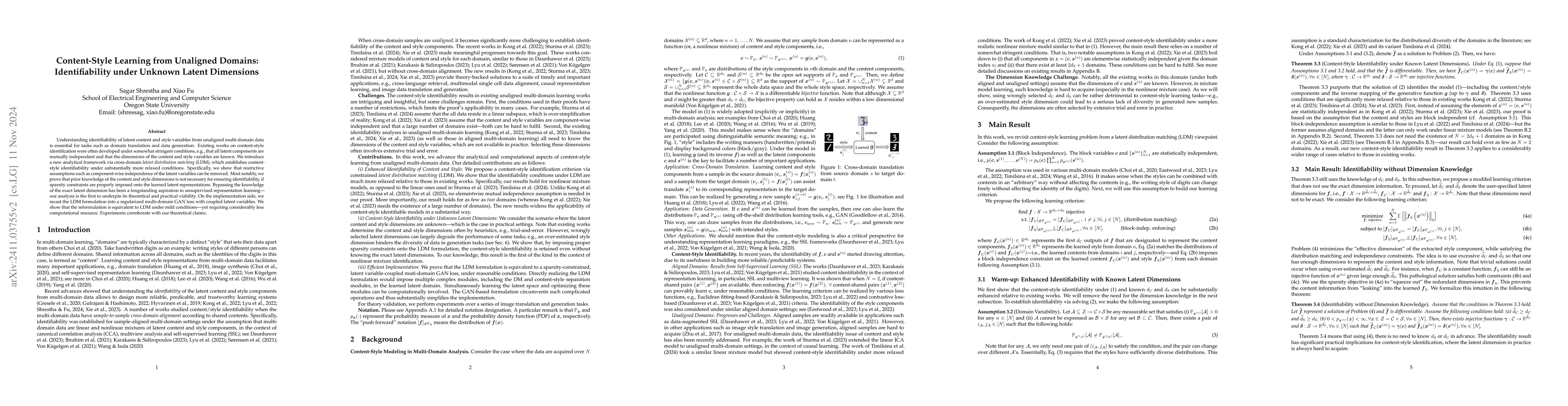 Thumbnail for Content-Style Learning from Unaligned Domains: Identifiability under
  Unknown Latent Dimensions