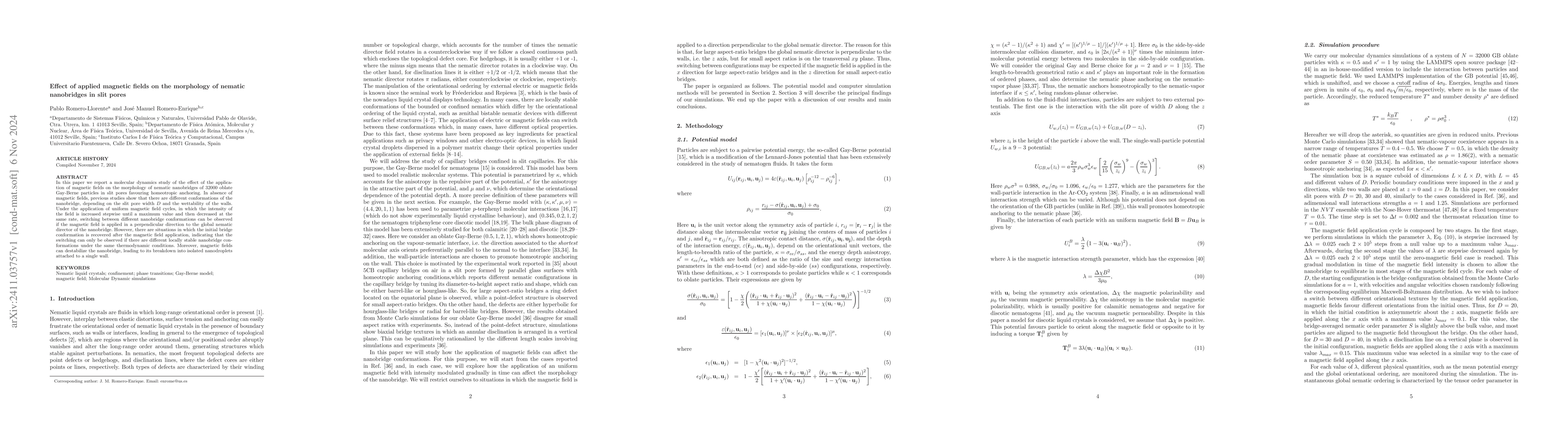 Thumbnail for Effect of applied magnetic fields on the morphology of nematic
  nanobridges in slit pores