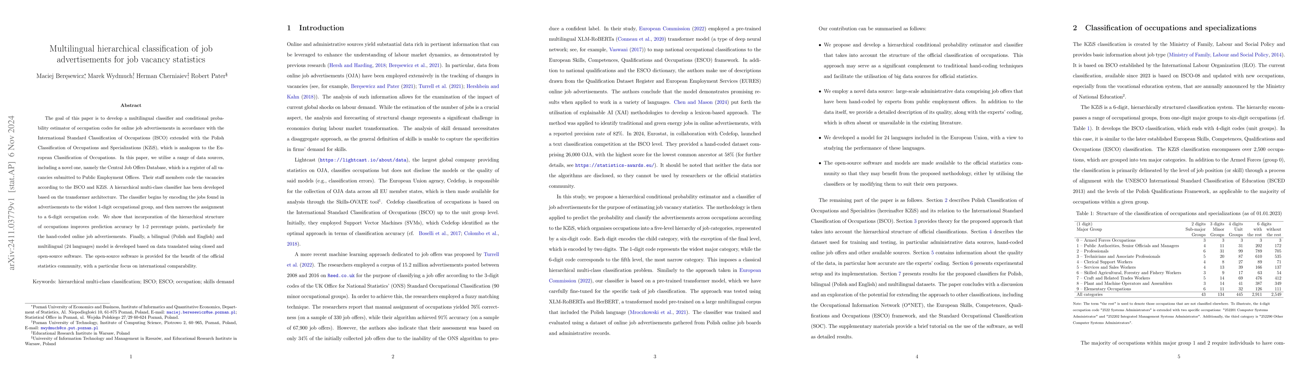 Thumbnail for Multilingual hierarchical classification of job advertisements for job
  vacancy statistics