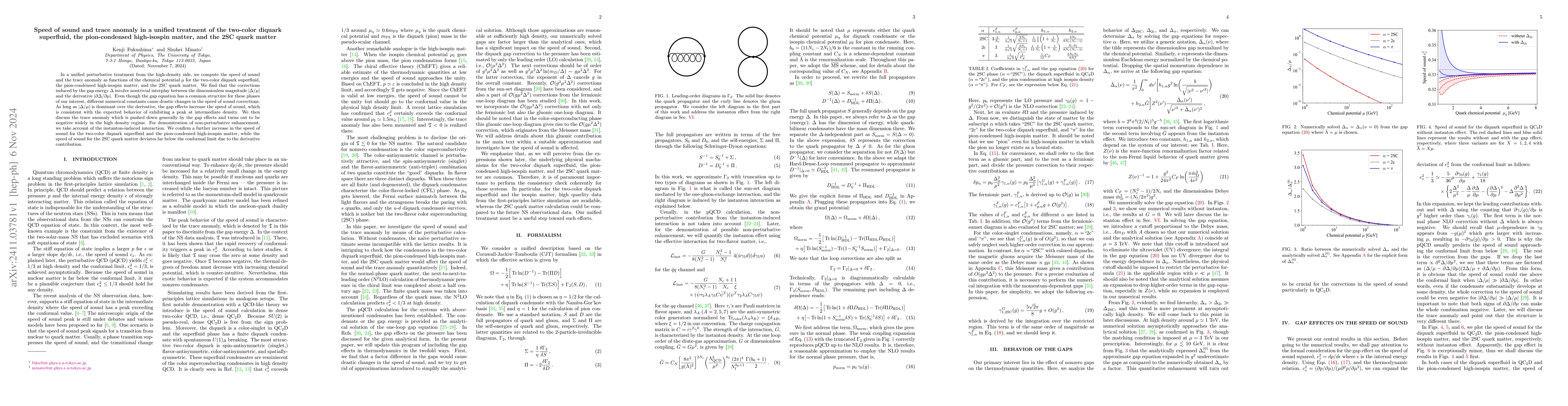 Thumbnail for Speed of sound and trace anomaly in a unified treatment of the two-color
  diquark superfluid, the pion-condensed high-isospin matter, and the 2SC quark
  matter