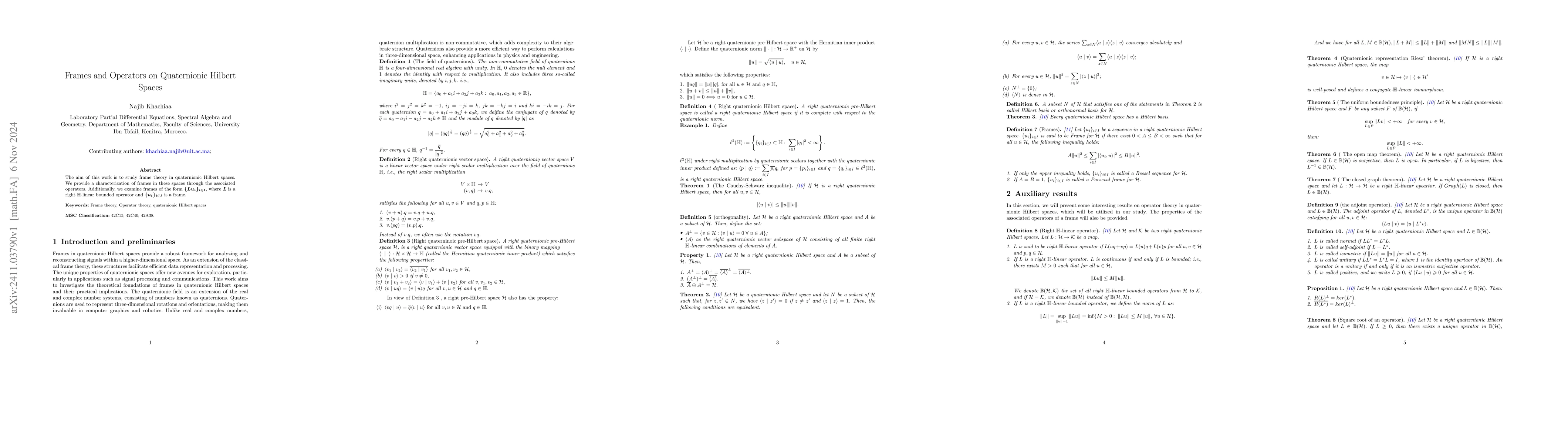 Thumbnail for Frames and Operators on Quaternionic Hilbert spaces