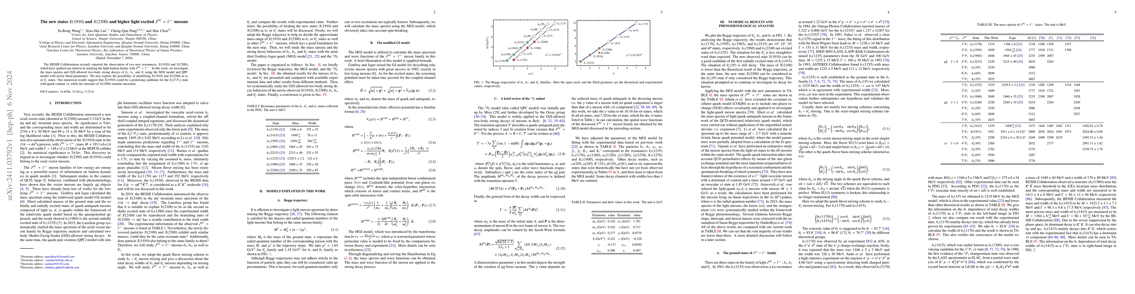 Thumbnail for The new states $X(1910)$ and $X(2300)$ and higher light excited
  $J^{PC}=1^{+-}$ mesons