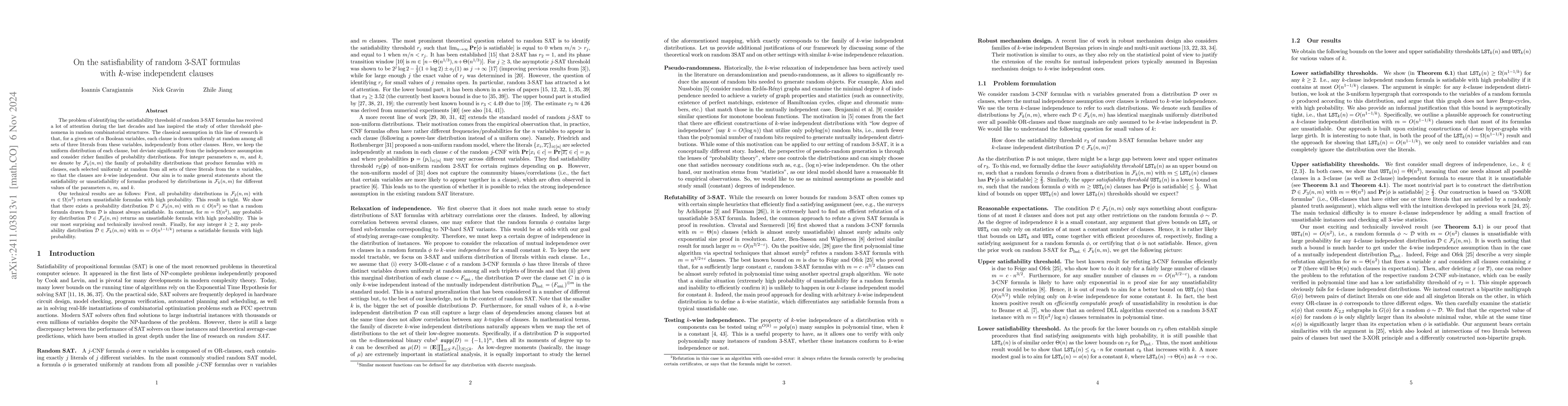 Thumbnail for On the satisfiability of random $3$-SAT formulas with $k$-wise
  independent clauses