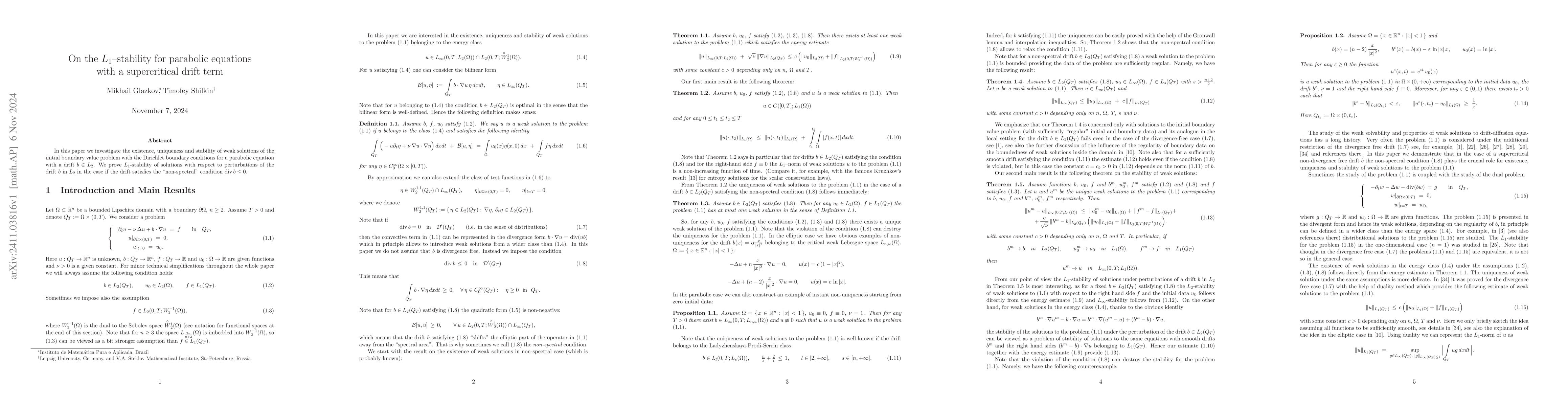 Thumbnail for On the $L_1$--stability for parabolic equations with a supercritical
  drift term
