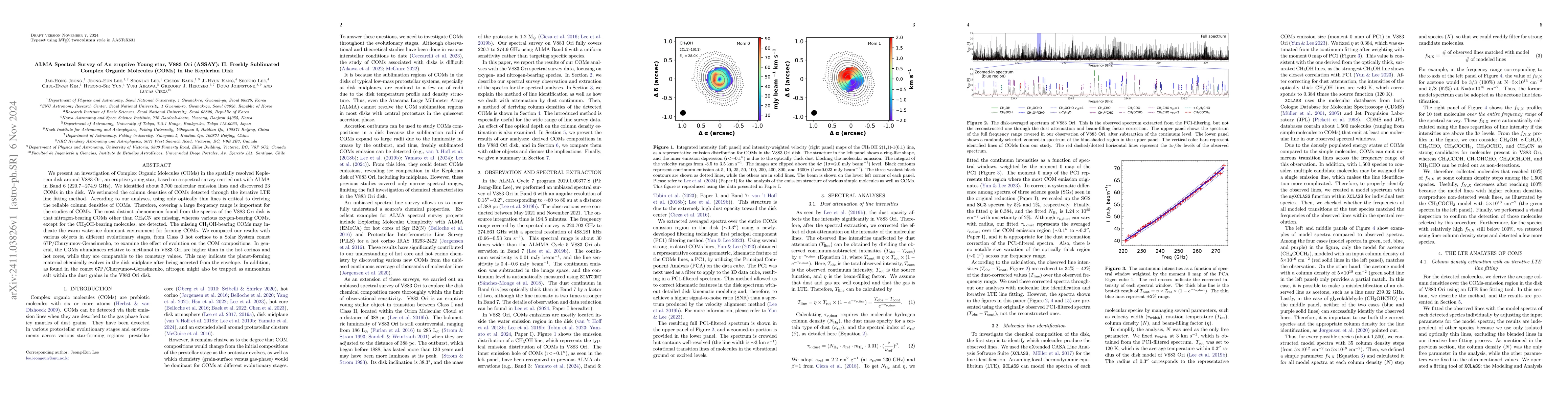 Thumbnail for ALMA Spectral Survey of An eruptive Young star, V883 Ori (ASSAY): II.
  Freshly Sublimated Complex Organic Molecules (COMs) in the Keplerian Disk