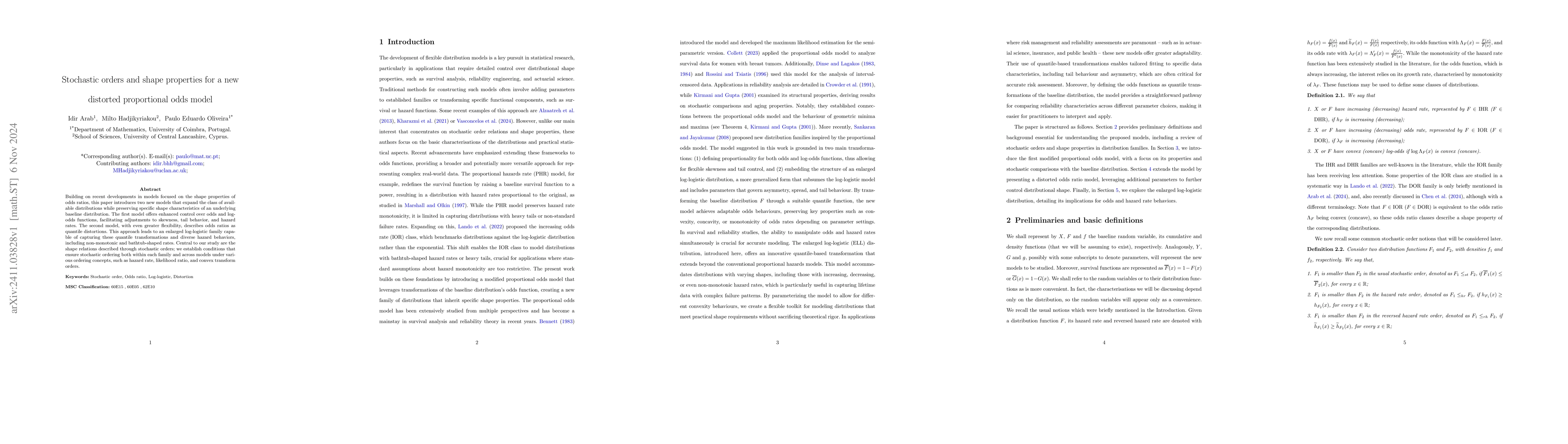 Thumbnail for Stochastic orders and shape properties for a new distorted proportional
  odds model