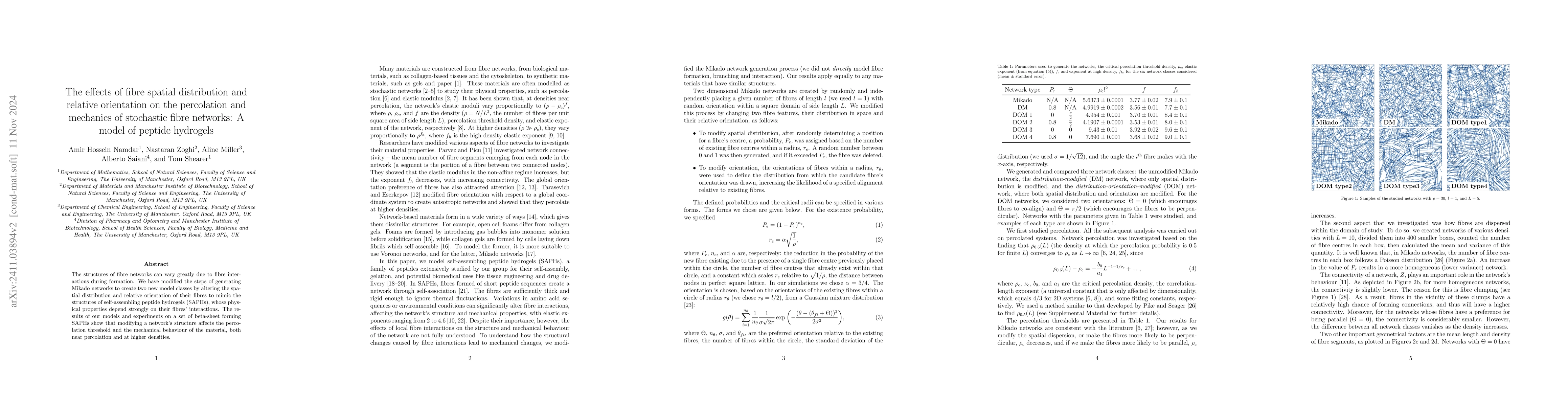 Thumbnail for The effects of fibre spatial distribution and relative orientation on
  the percolation and mechanics of stochastic fibre networks: A model of
  peptide hydrogels