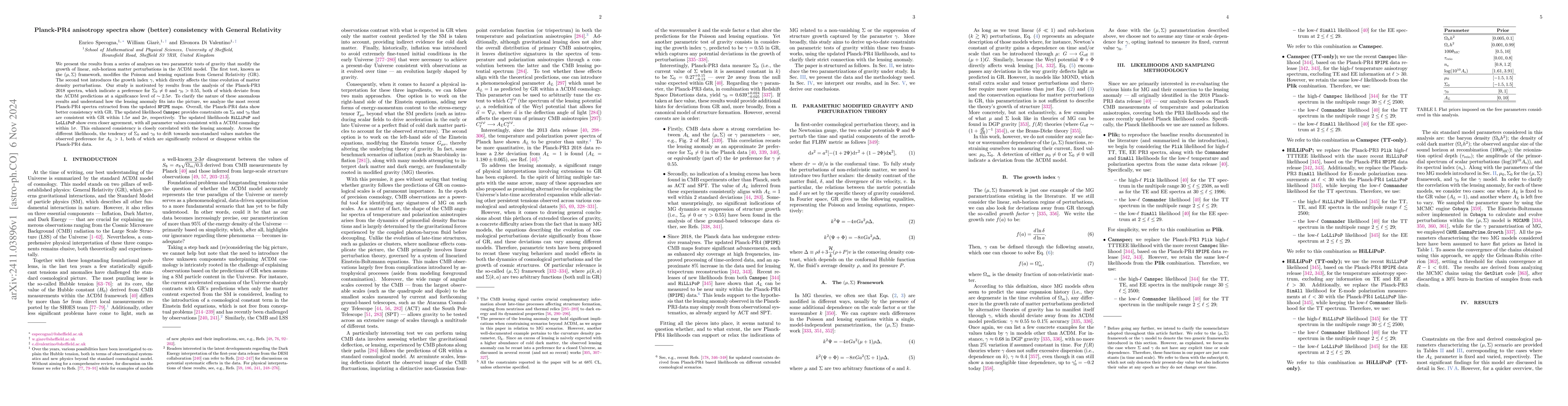Thumbnail for Planck-PR4 anisotropy spectra show (better) consistency with General
  Relativity