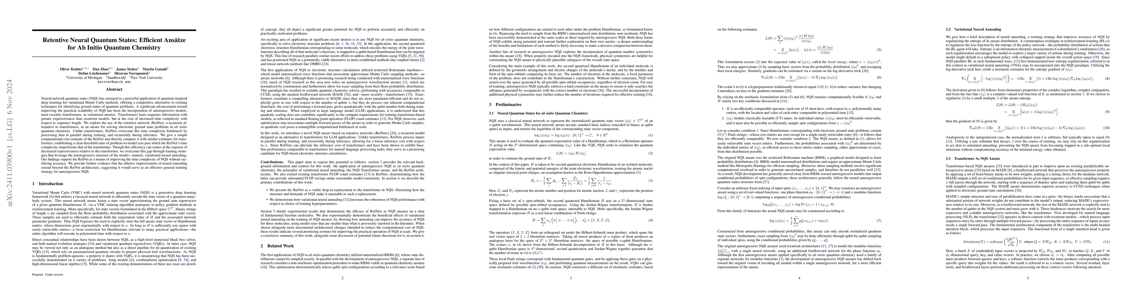 Thumbnail for Retentive Neural Quantum States: Efficient Ansätze for Ab Initio
  Quantum Chemistry